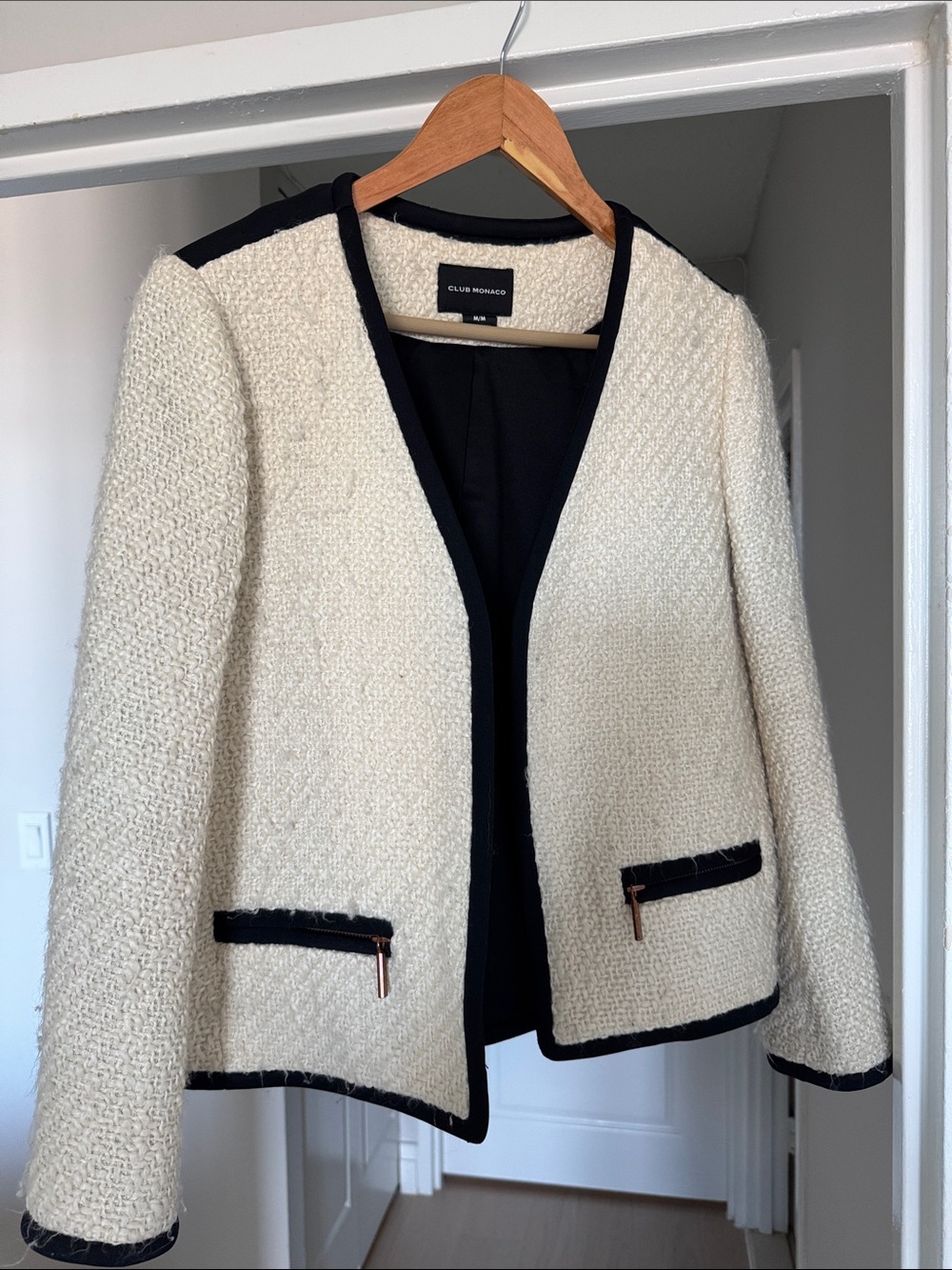 Club Monaco Cream Bouclé Jacket with Black Trim